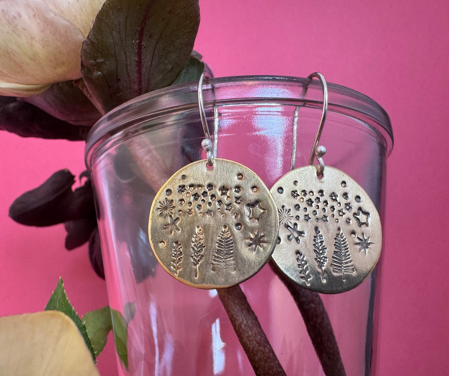 Round Brass Night Forest & Sterling Silver Earrings