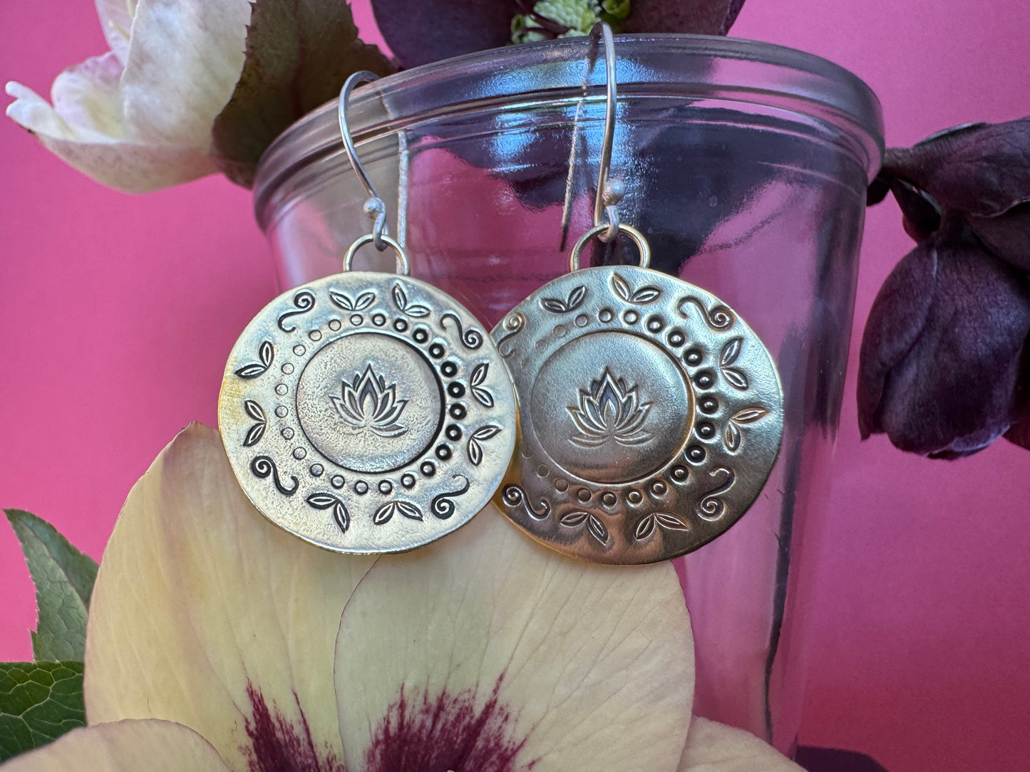 Brass & Sterling Round Lotus Earrings