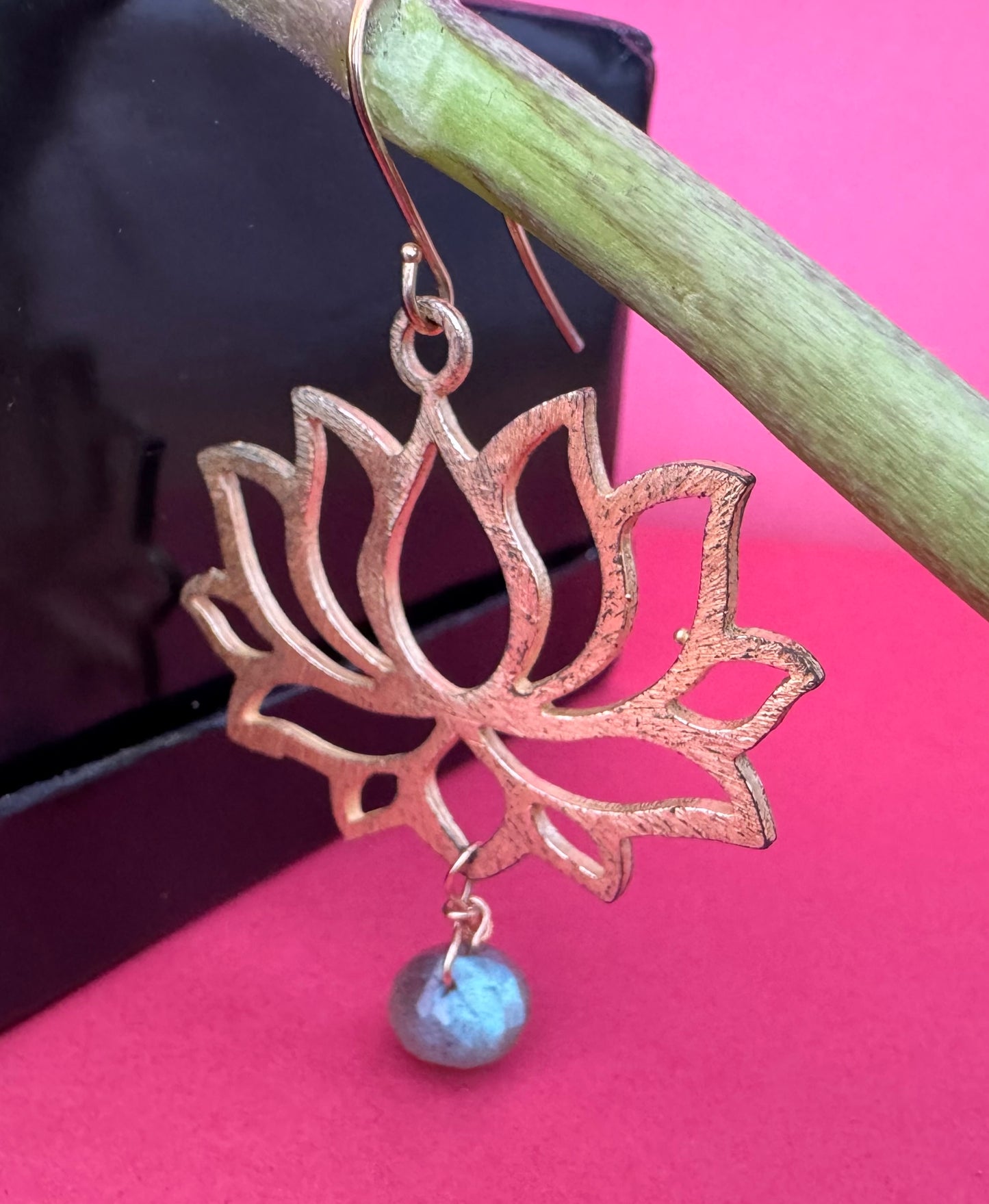 Brass Lotus Earrings with Labradorite Drops