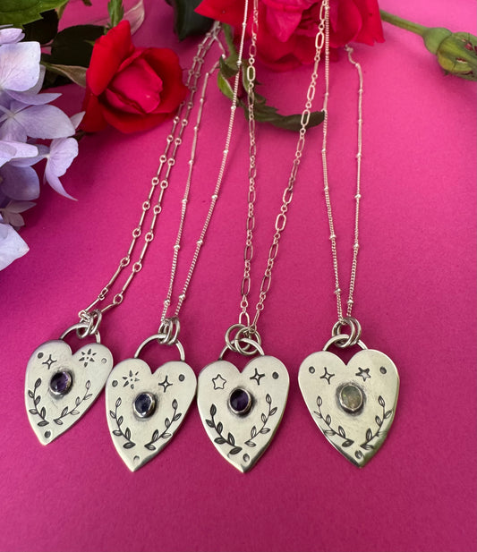 Little Stamped Heart Sterling Silver & Gemstone Necklaces