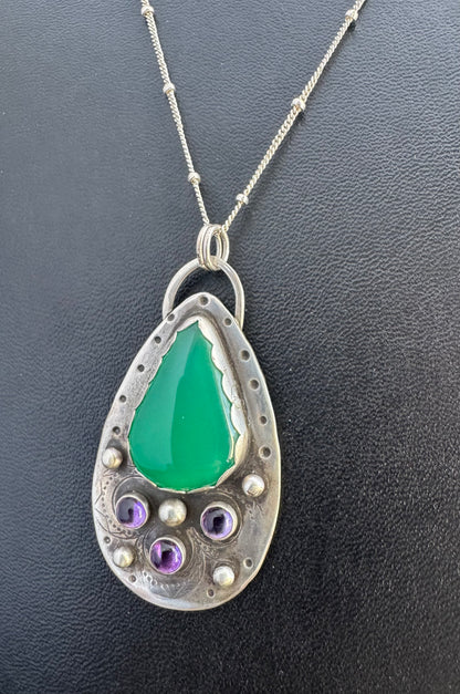 Green Onyx, Amethyst & Sterling Silver Necklace
