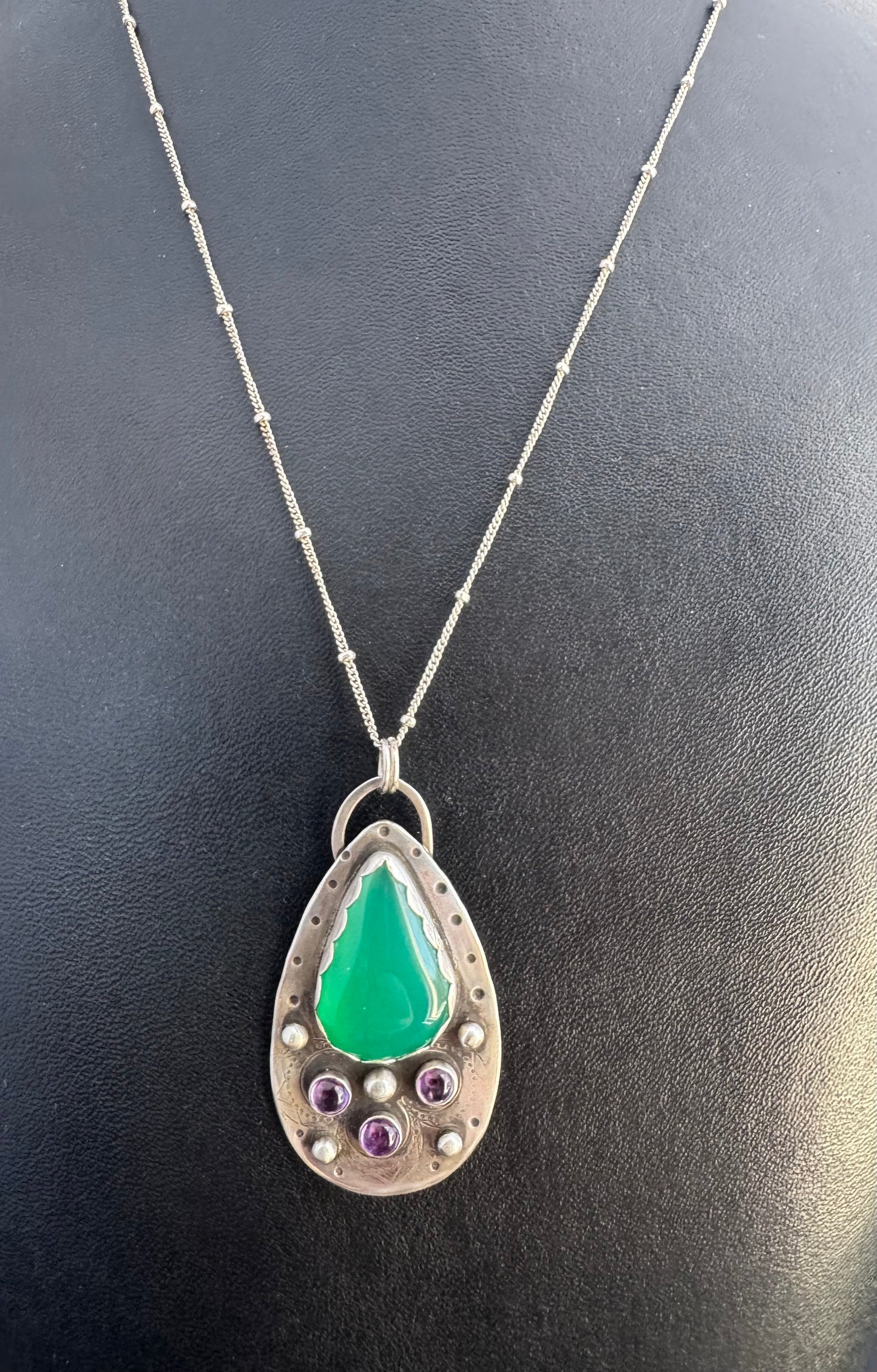Green Onyx, Amethyst & Sterling Silver Necklace