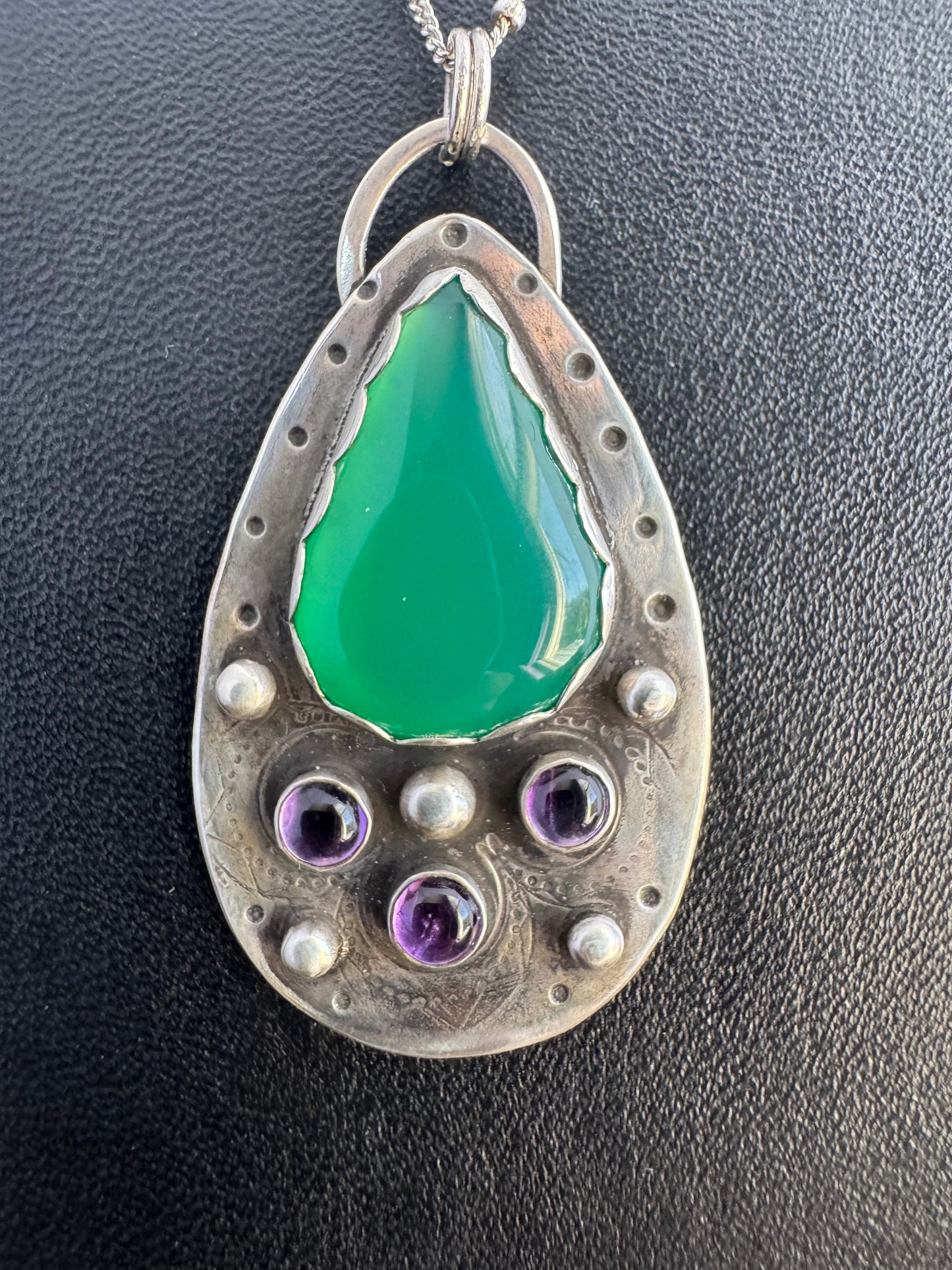 Green Onyx, Amethyst & Sterling Silver Necklace