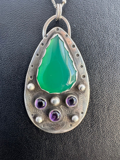 Green Onyx, Amethyst & Sterling Silver Necklace