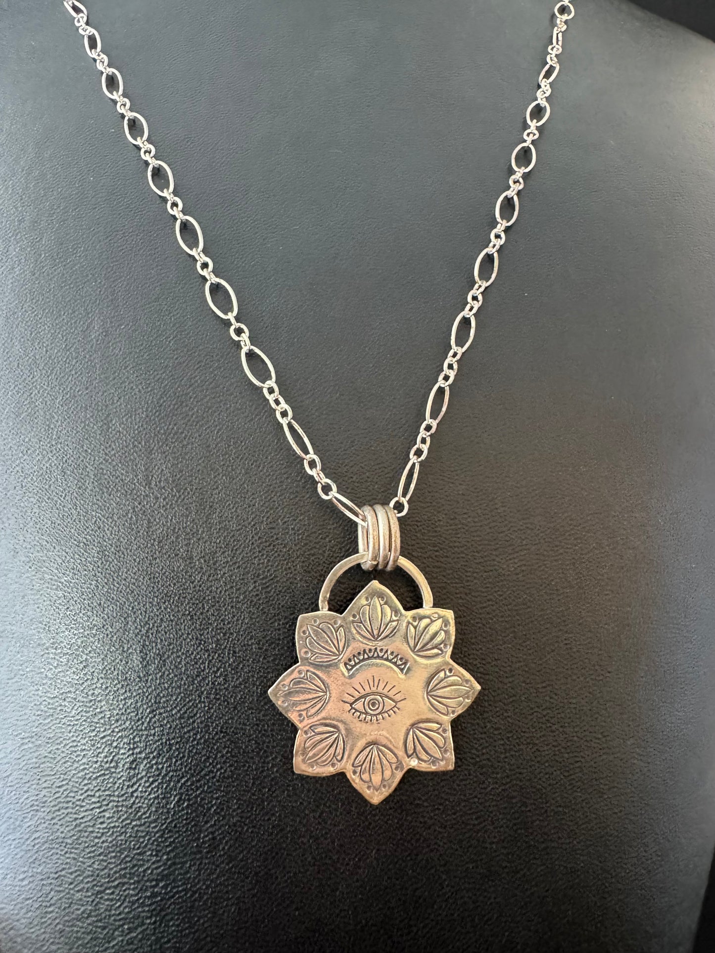 Stamped Sterling Silver Sun Pendant on Chain Necklace