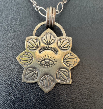 Stamped Sterling Silver Sun Pendant on Chain Necklace