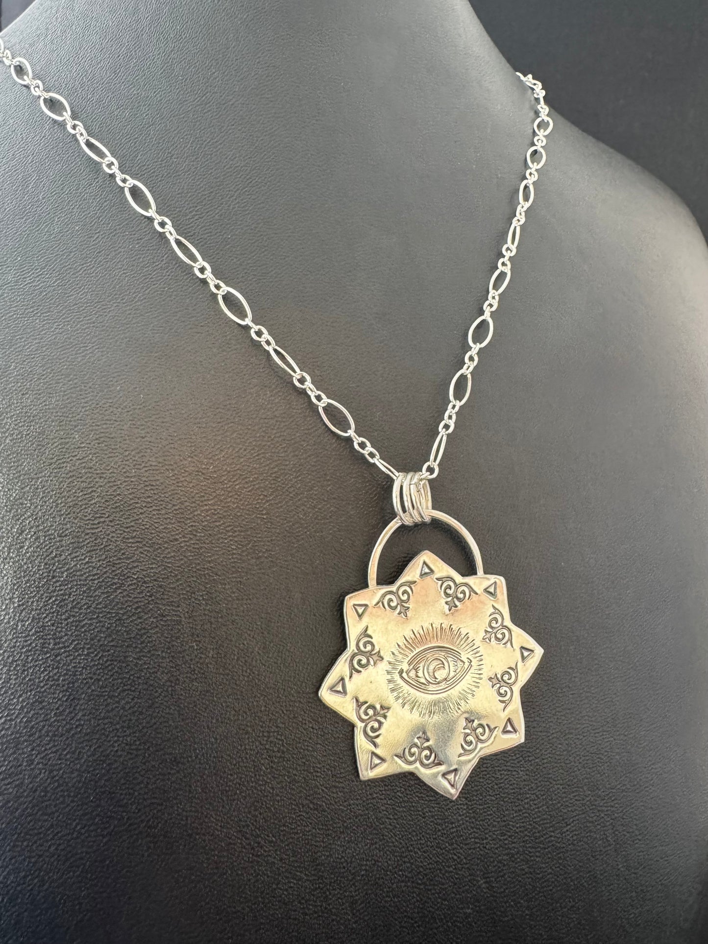 Sterling Silver Stamped Sun Pendant on Chain Necklace