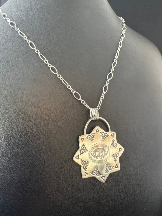 Sterling Silver Stamped Sun Pendant on Chain Necklace
