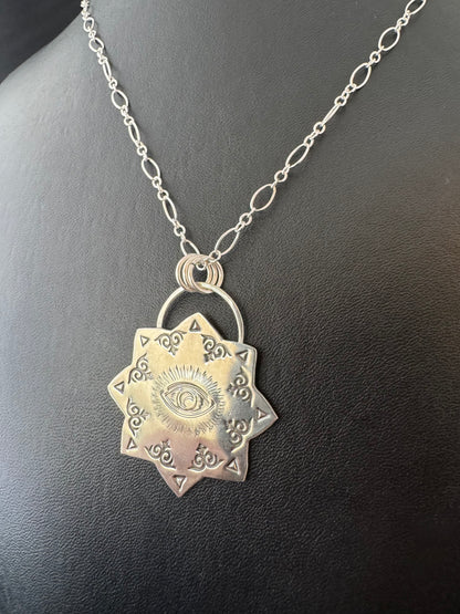 Sterling Silver Stamped Sun Pendant on Chain Necklace