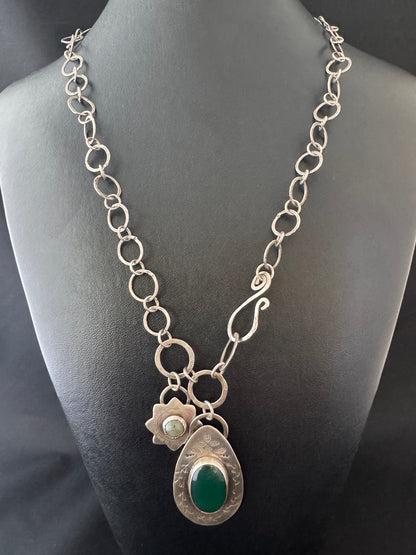 Green Onyx, Labradorite & Handmade Chunky Sterling Chain Necklace