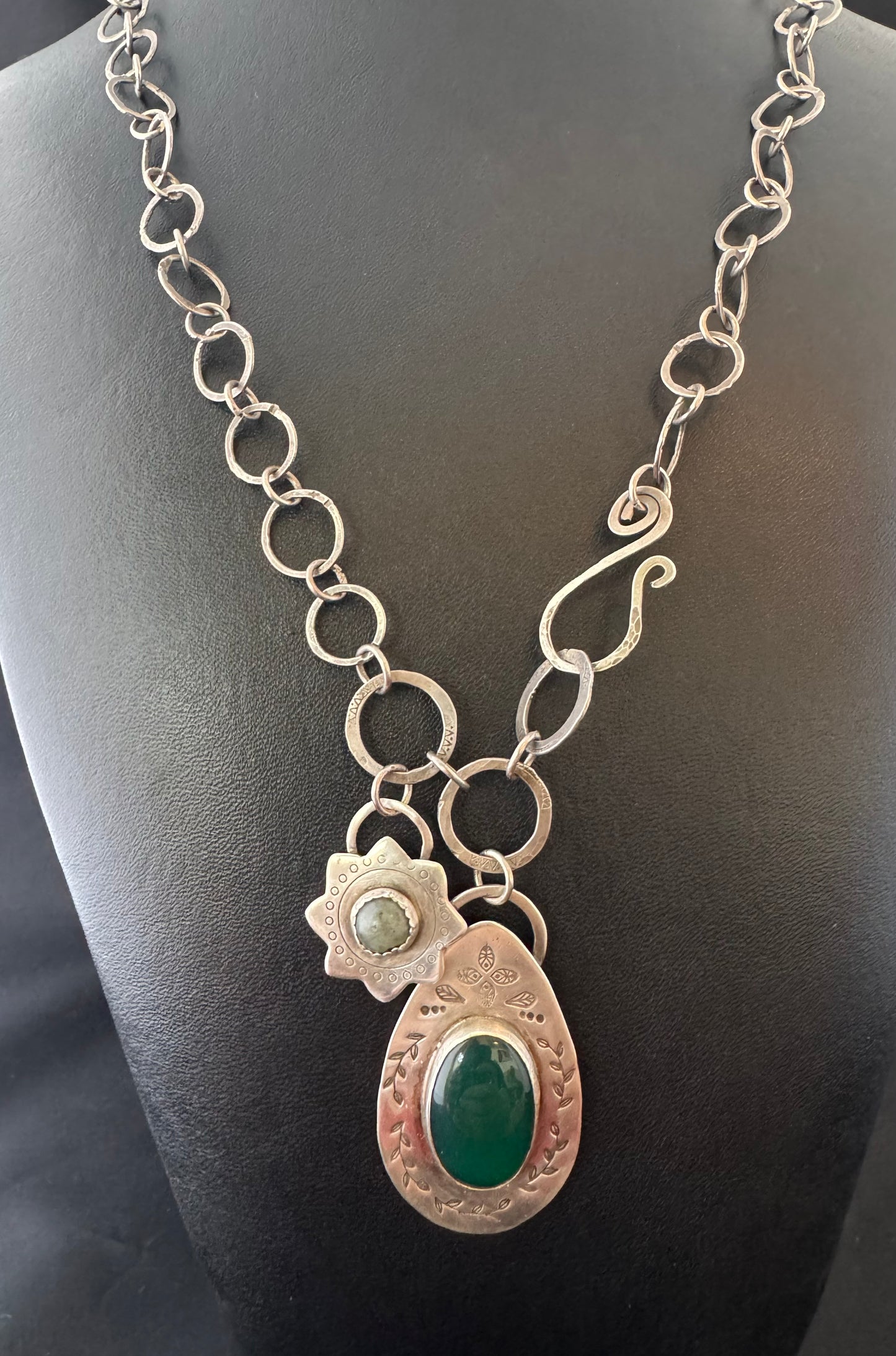 Green Onyx, Labradorite & Handmade Chunky Sterling Chain Necklace