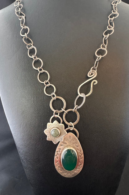 Green Onyx, Labradorite & Handmade Chunky Sterling Chain Necklace