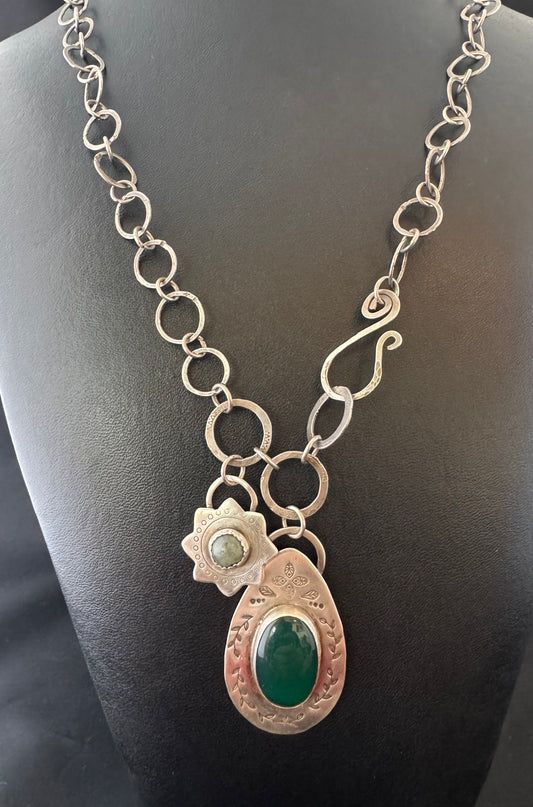 Green Onyx, Labradorite & Handmade Chunky Sterling Chain Necklace