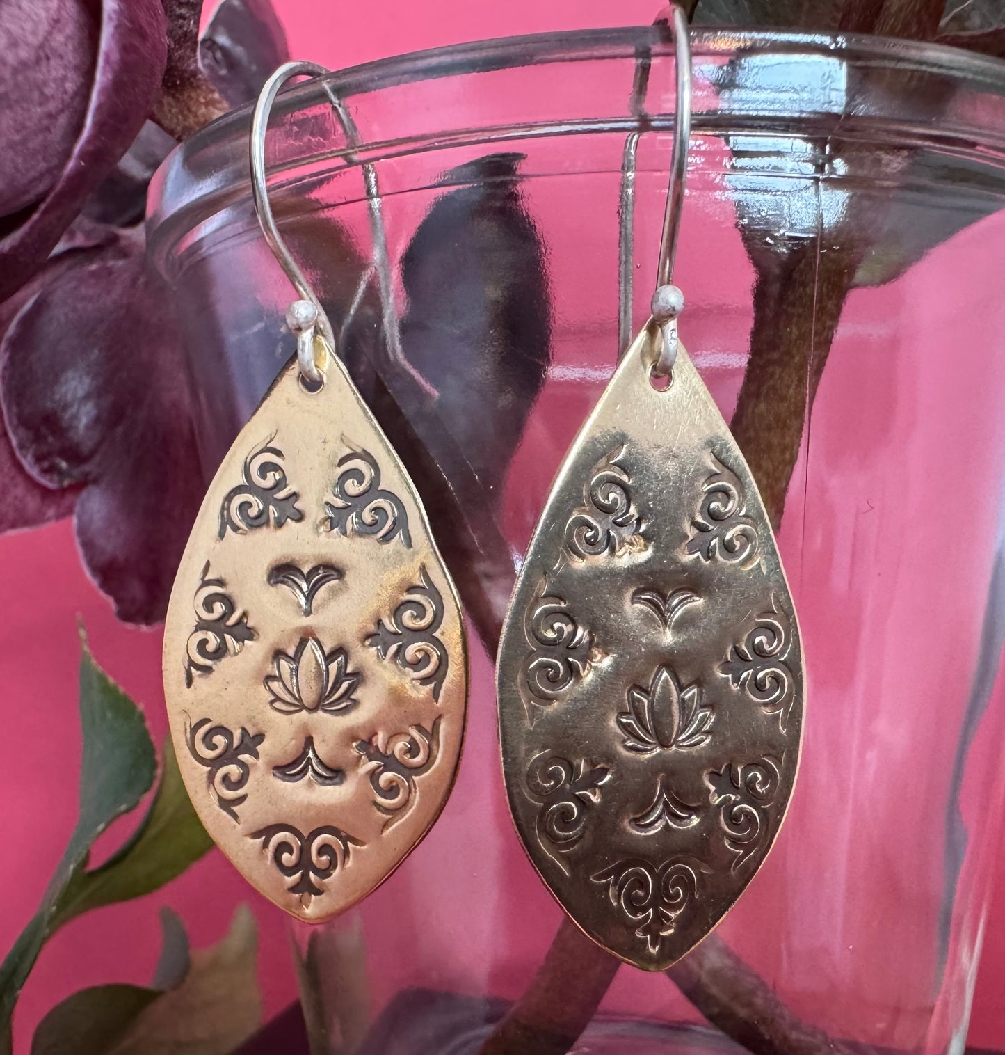 Brass Stamped Lotus Earrings