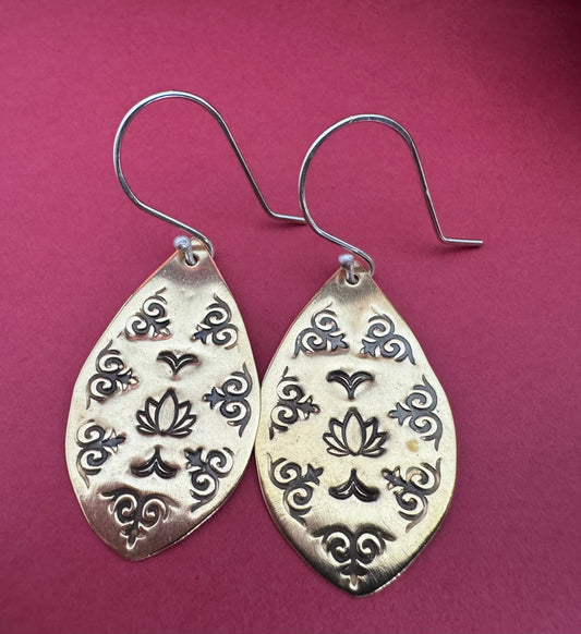 Brass Stamped Lotus Earrings