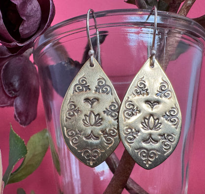 Brass Stamped Lotus Earrings