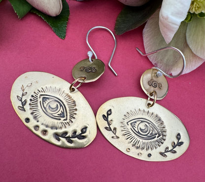 Brass Double Drop Eye & Sterling Silver Earrings