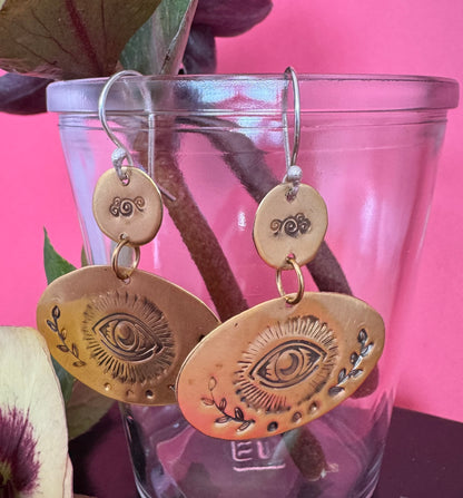 Brass Double Drop Eye & Sterling Silver Earrings