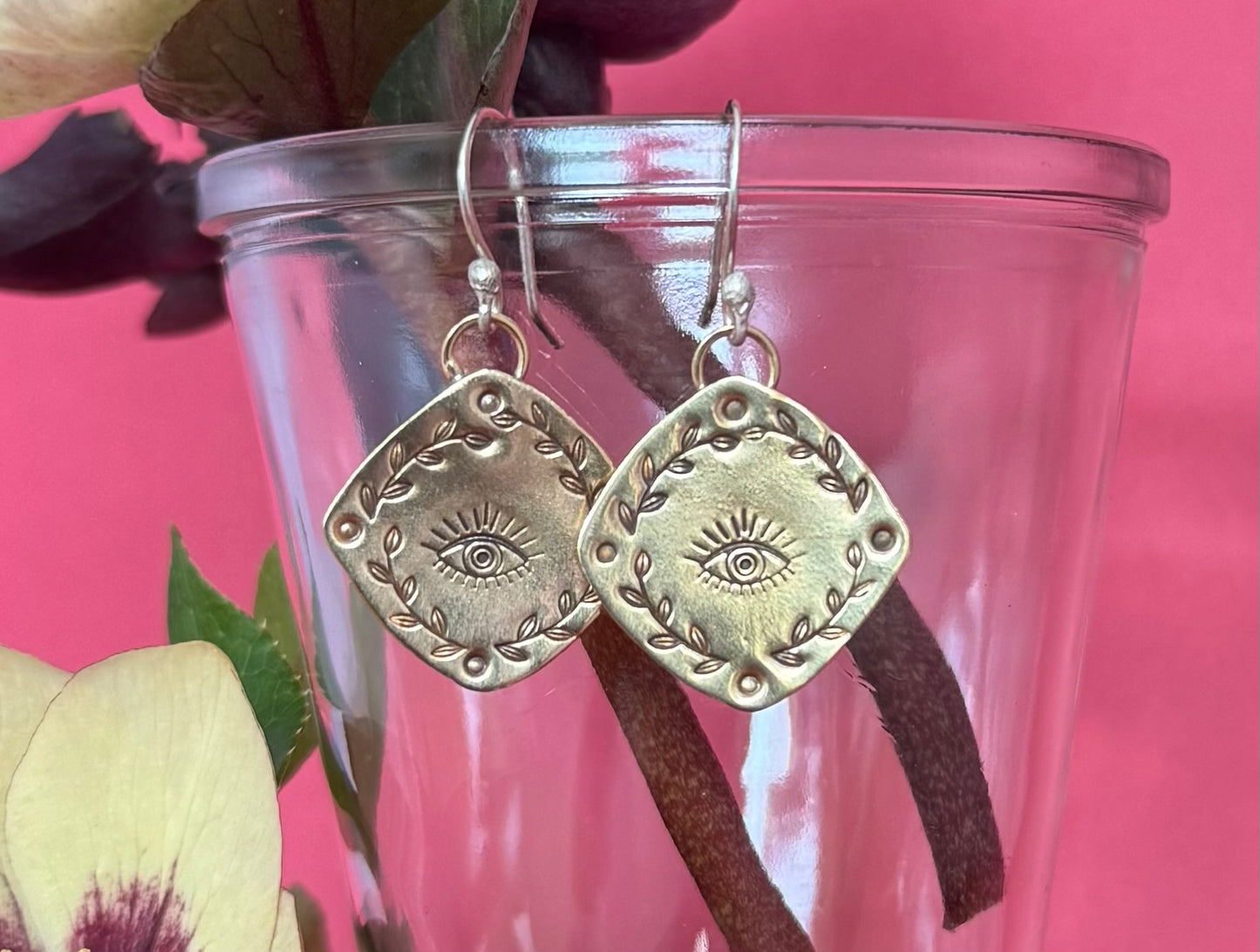 Brass Eye w Leaves & Sterling Silver Earrings