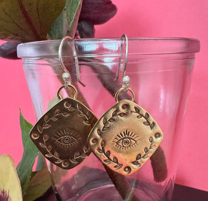 Brass Eye w Leaves & Sterling Silver Earrings