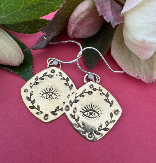 Brass Eye w Leaves & Sterling Silver Earrings