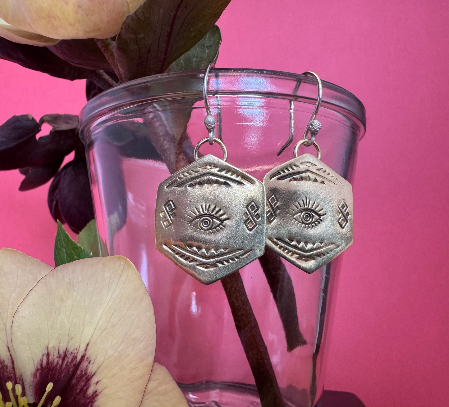 Brass Hexagon Eye & Sterling Silver Earrings