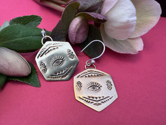 Brass Hexagon Eye & Sterling Silver Earrings