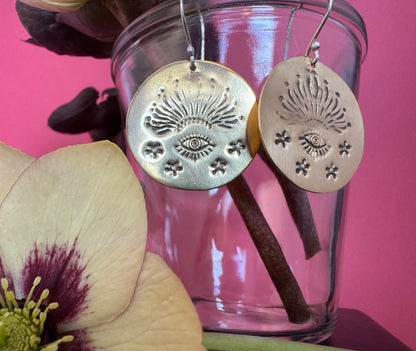 Round Brass Eye with Stars & Sterling Silver Earrings