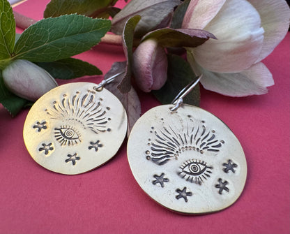 Round Brass Eye with Stars & Sterling Silver Earrings
