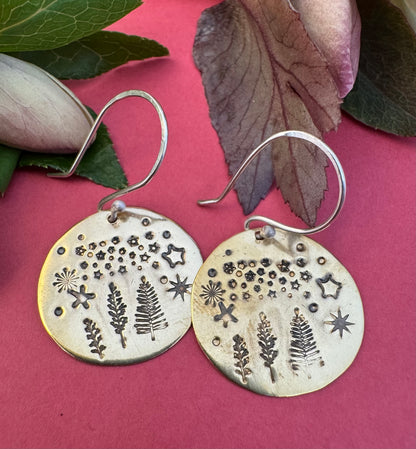 Round Brass Night Forest & Sterling Silver Earrings