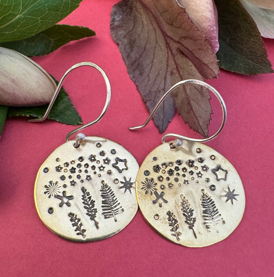 Round Brass Night Forest & Sterling Silver Earrings