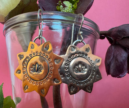 Copper Lotus Sun & Sterling Silver Earrings