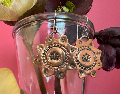 Copper Lotus Sun & Sterling Silver Earrings