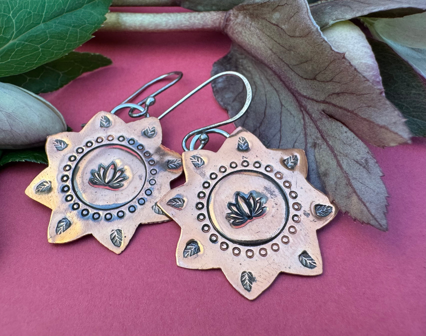 Copper Lotus Sun & Sterling Silver Earrings