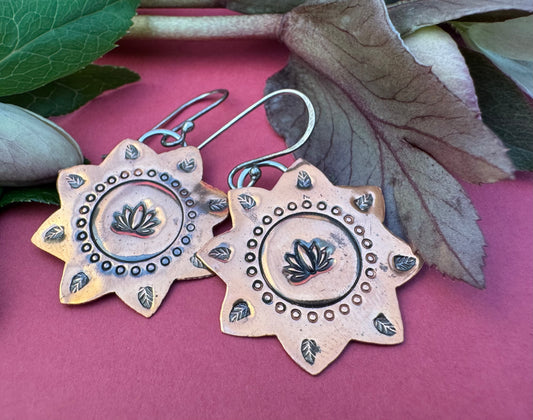 Copper Lotus Sun & Sterling Silver Earrings