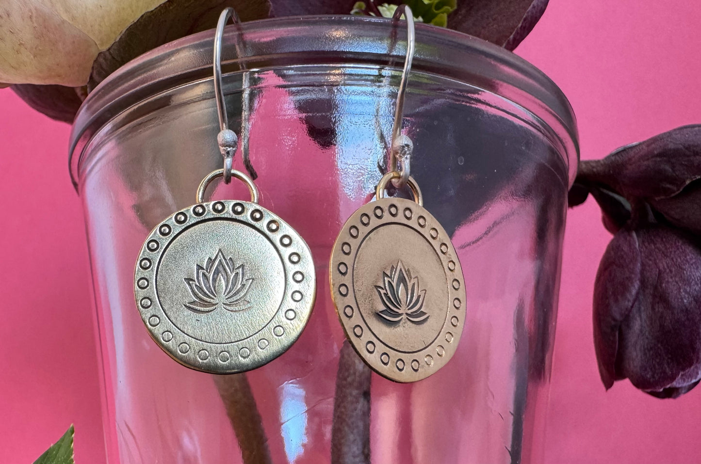 Small Brass Round Lotus & Sterling Silver Earrings