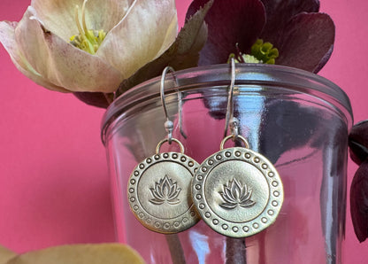 Small Brass Round Lotus & Sterling Silver Earrings