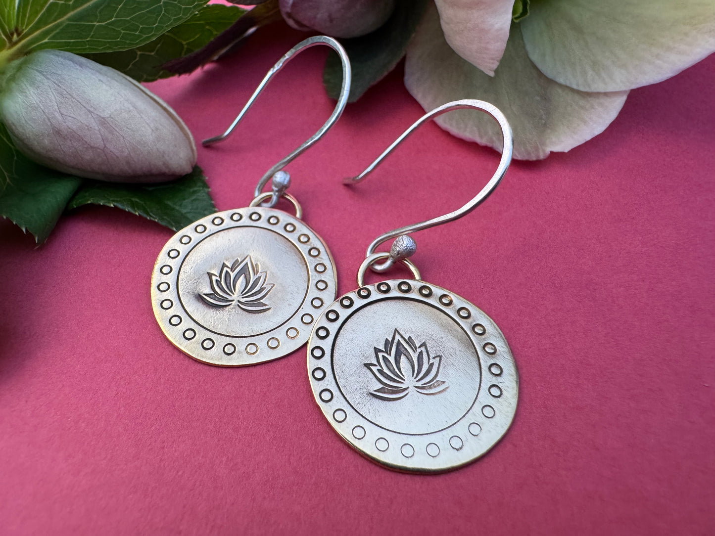 Small Brass Round Lotus & Sterling Silver Earrings