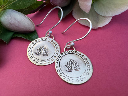 Small Brass Round Lotus & Sterling Silver Earrings