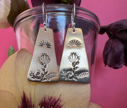 Brass & Sterling Elongated Trapezoid Flower Earrings