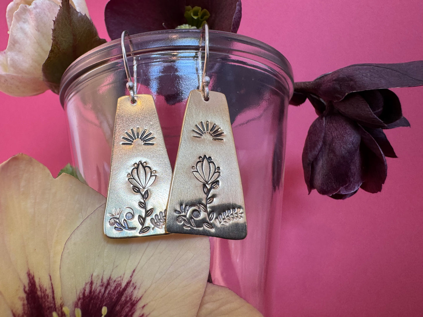 Brass & Sterling Elongated Trapezoid Flower Earrings
