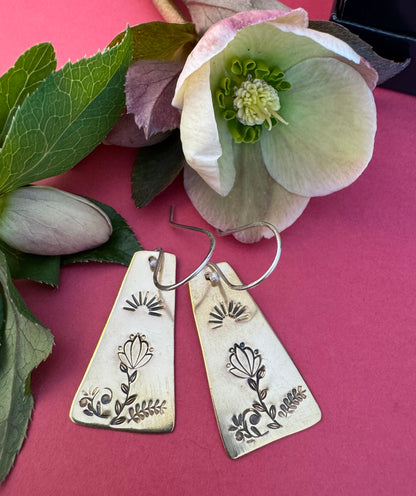 Brass & Sterling Elongated Trapezoid Flower Earrings