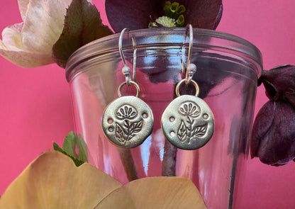 Small Round Brass & Sterling Flower Earrings