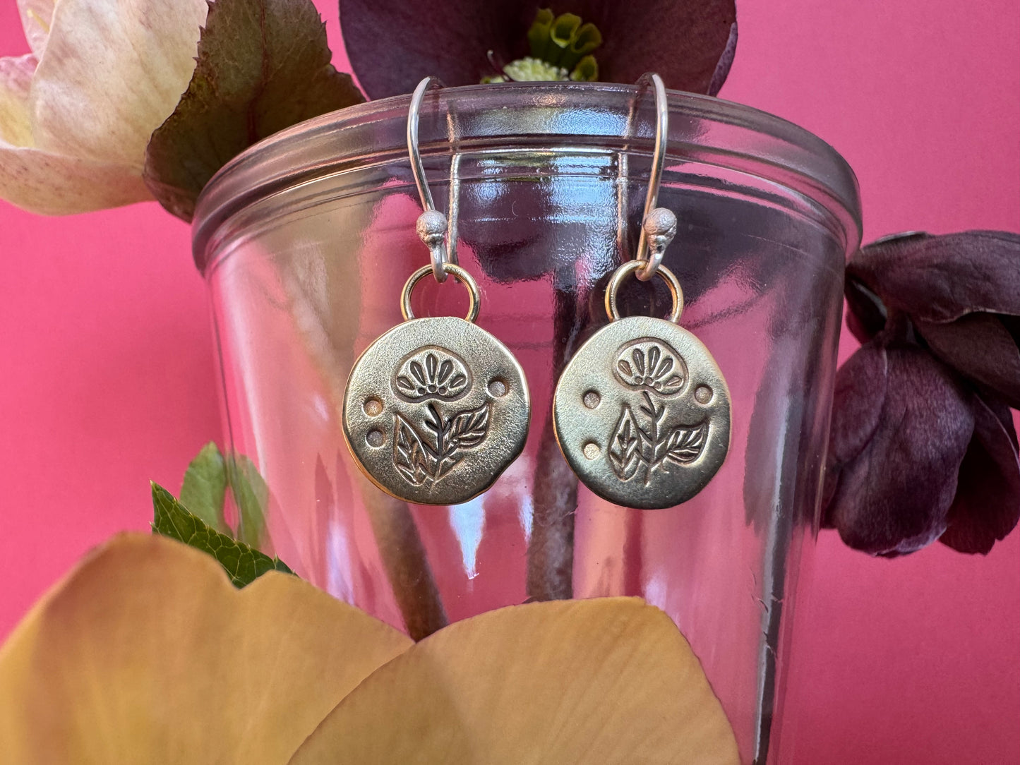 Small Round Brass & Sterling Flower Earrings