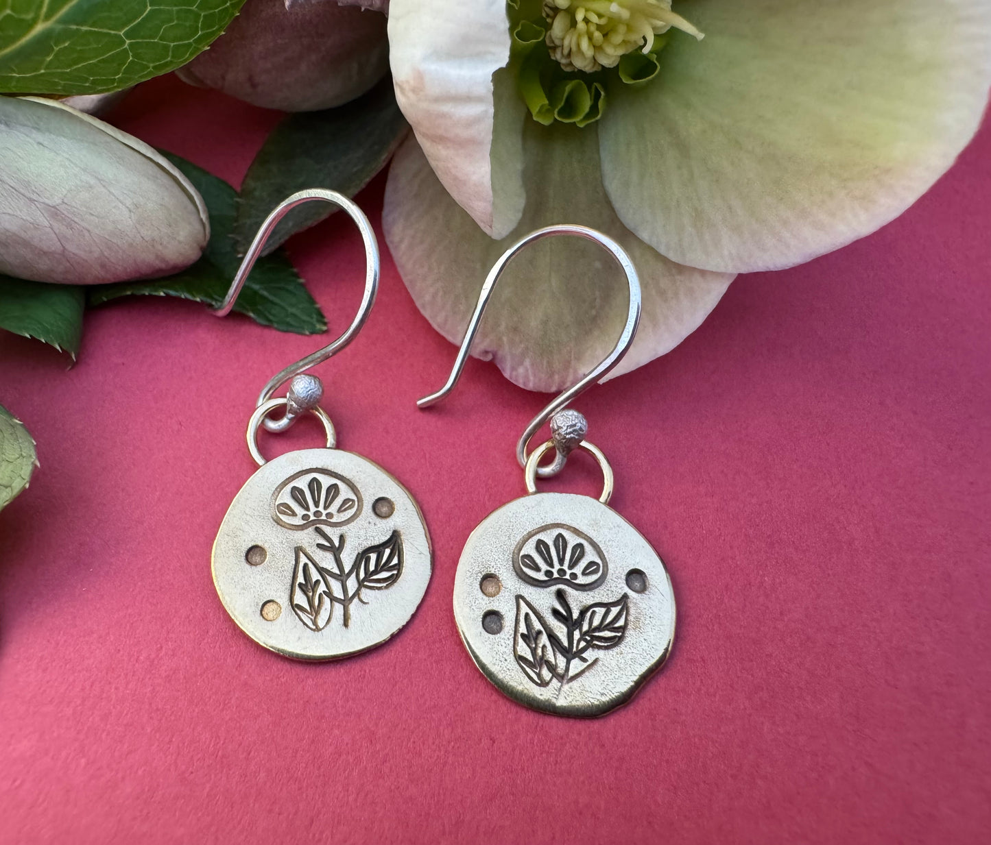 Small Round Brass & Sterling Flower Earrings