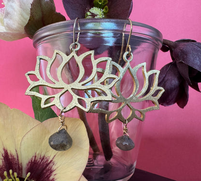 Brass Lotus Earrings with Labradorite Drops