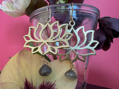 Brass Lotus Earrings with Labradorite Drops