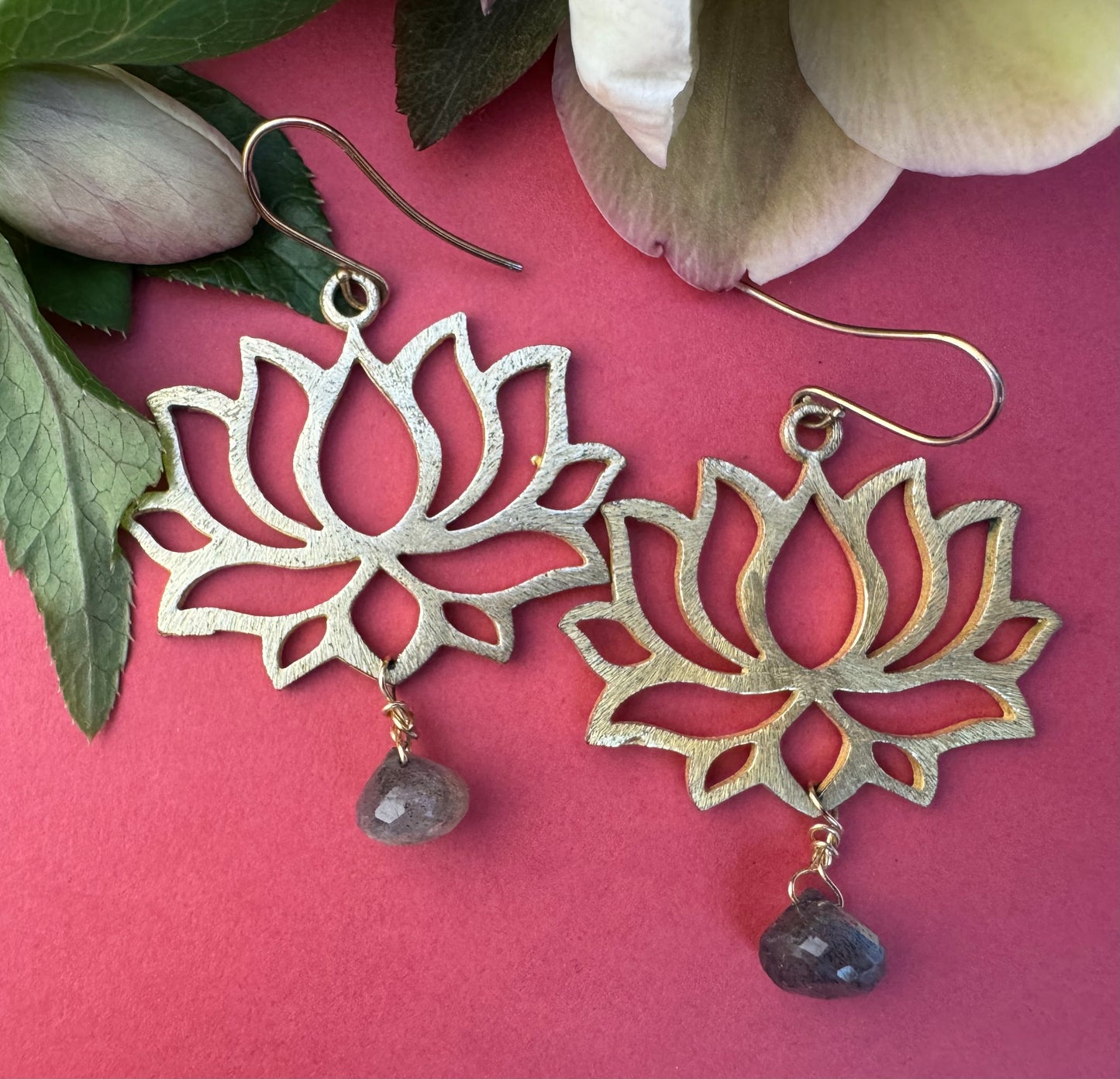 Brass Lotus Earrings with Labradorite Drops