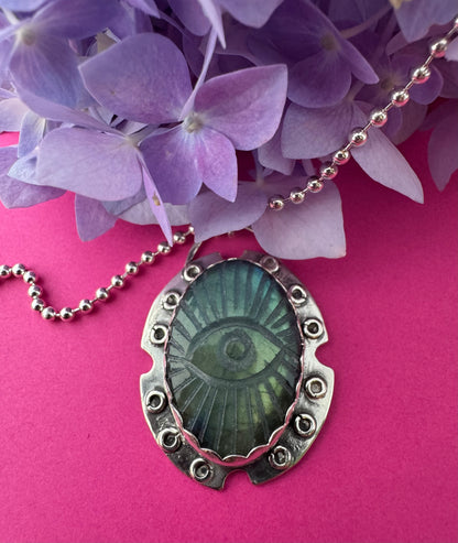 Flashy Labradorite Carved Evil Eye & Sterling Silver Necklace
