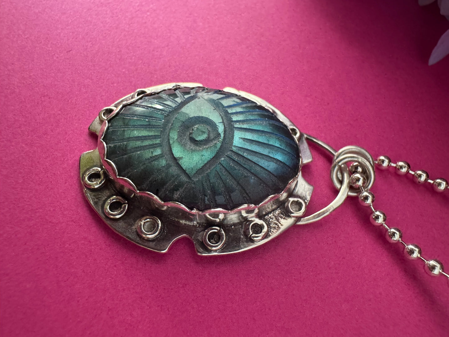 Flashy Labradorite Carved Evil Eye & Sterling Silver Necklace